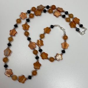 Handmade Necklace and Bracelet Set Orange Shell Flowers, Quartz, and Black Glass